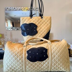 Chic Beige Quilted Travel Bag Set with Black Accents